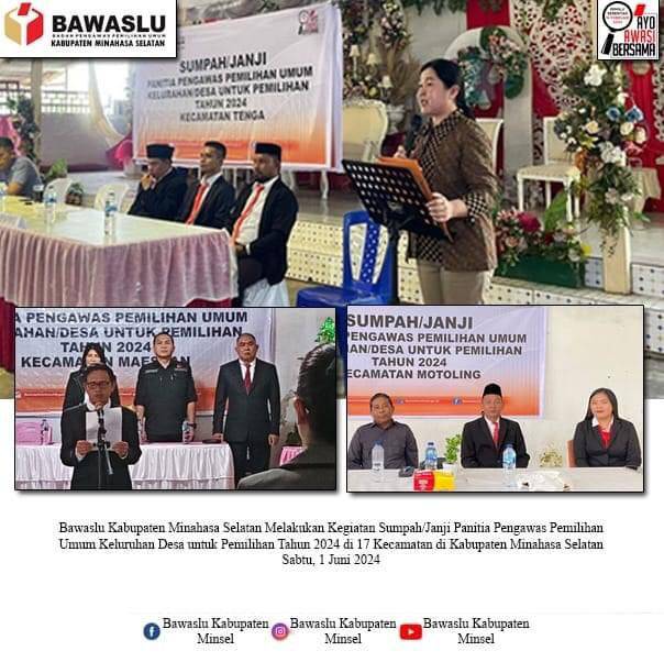 Bawaslu Minsel Ketua Badan Pengawas Pemilihan Umum (Bawaslu) Kabupaten Minahasa Selatan Eva Keintjem melantik 177 Anggota Pengawas Kelurahan/Desa (PKD), Sabtu (01/06/2024).