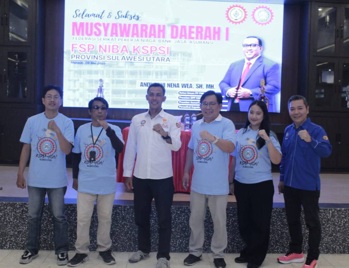 Ketua PD FSP PPMI KSPSI Sulut, Aswin Lumintang bersama Pimpinan Daerah FSP PPMI Sulut saat hadir di Musda FSP NIBA KSPSI Sulut belum lama ini